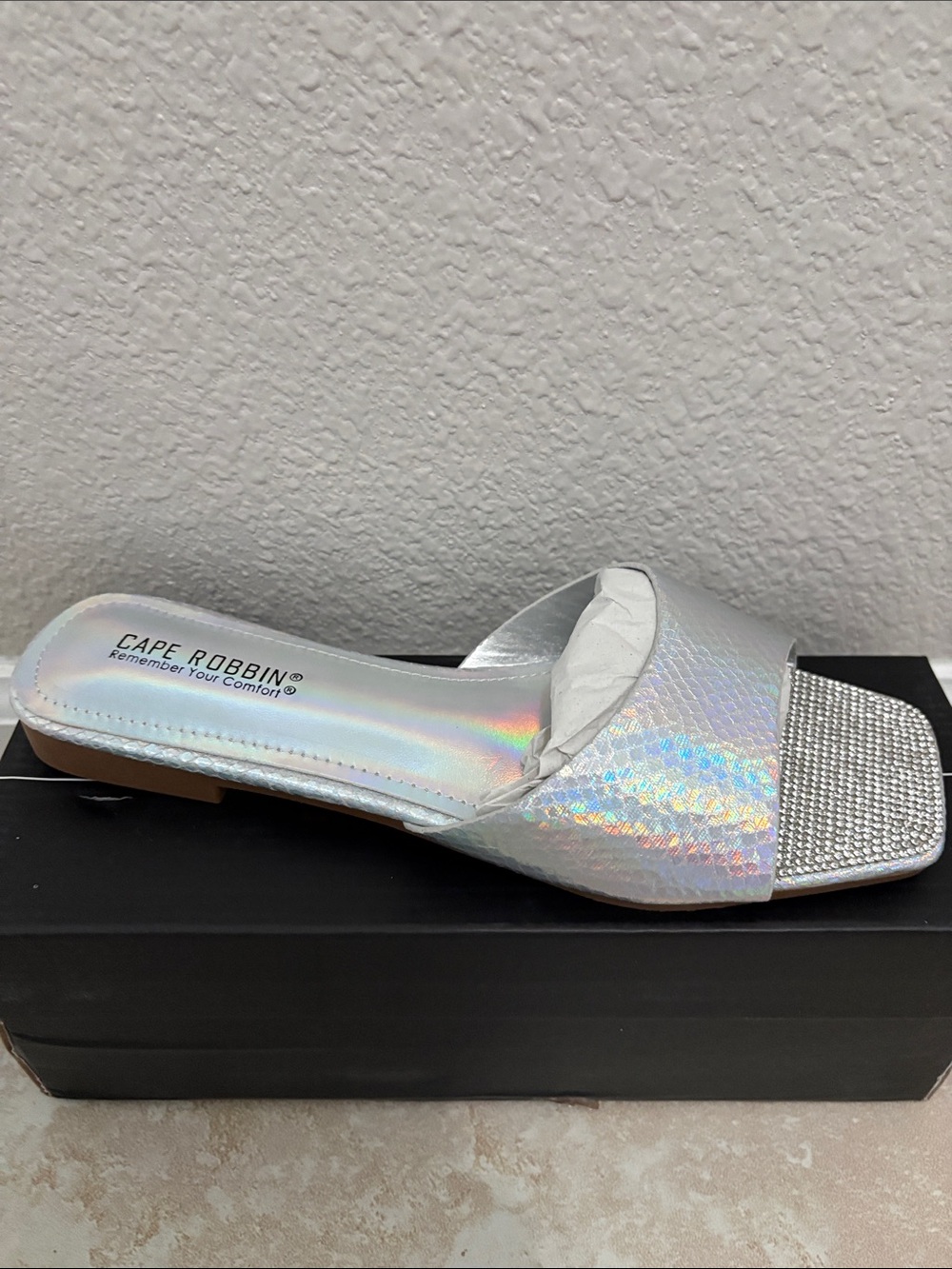 Iridescent Silver Slide Sandals